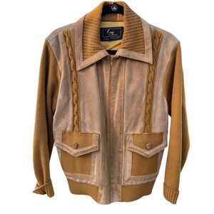 Vintage Landmark Leather Knit Jacket Tan Brown Mixed Media Zip Front Large